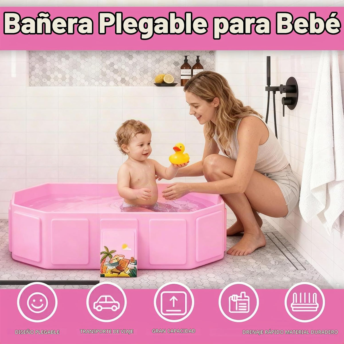 Bañera plegable para bebé, bañera para niños pequeños con tapón de...