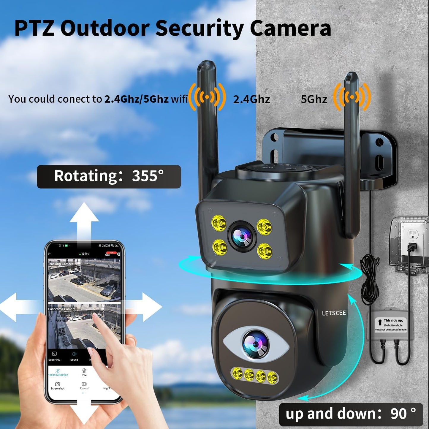 LETSCEE Cámara de seguridad WiFi de doble lente para exteriores, PT...