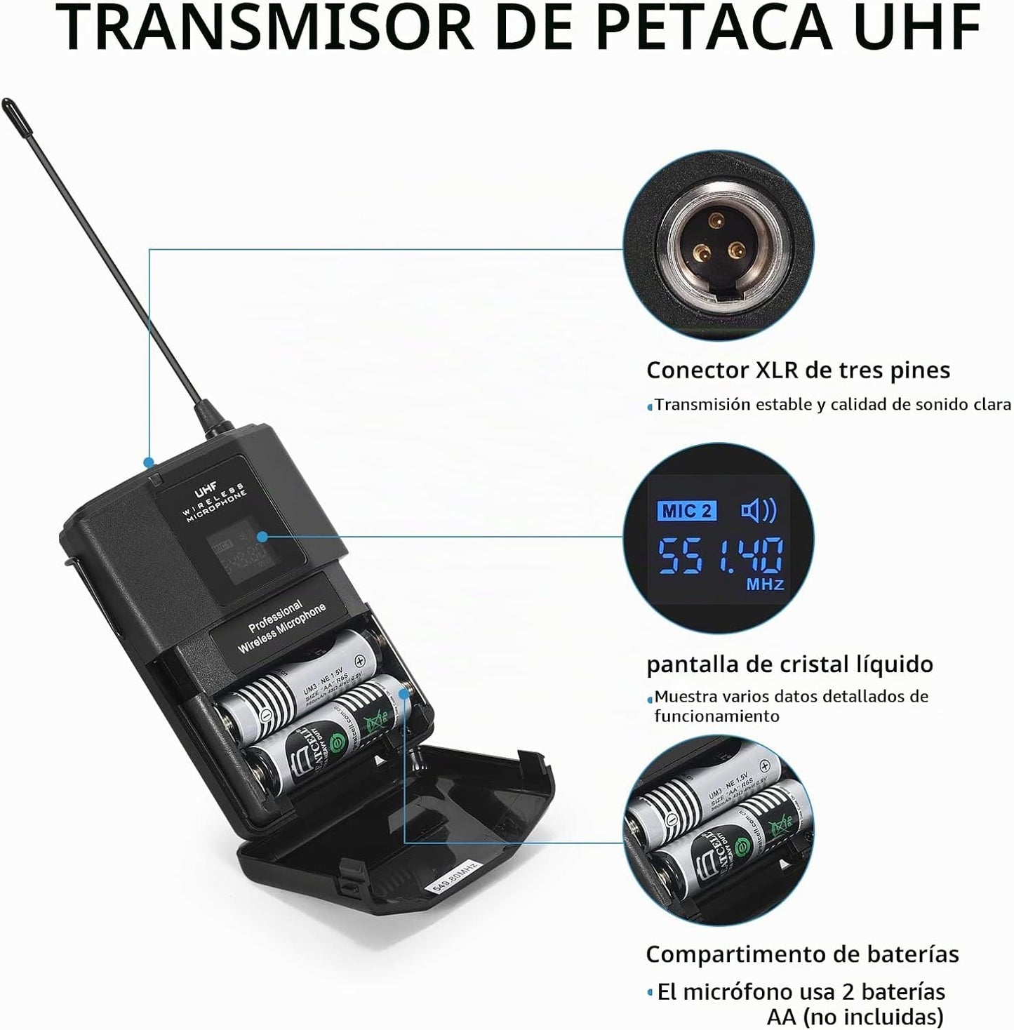 MicrocKing Sistema de micrófono inalámbrico UHF con solapa\/auricul...