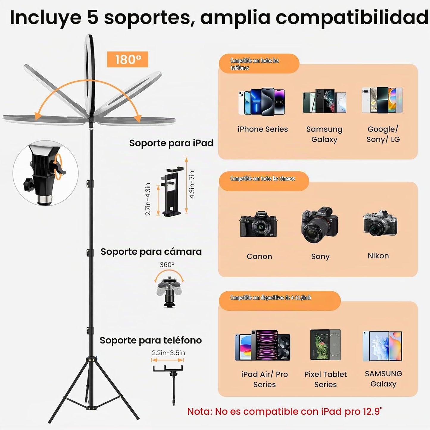 Anillo de luz plegable de 18 pulgadas con soporte para iPhone iPad,...