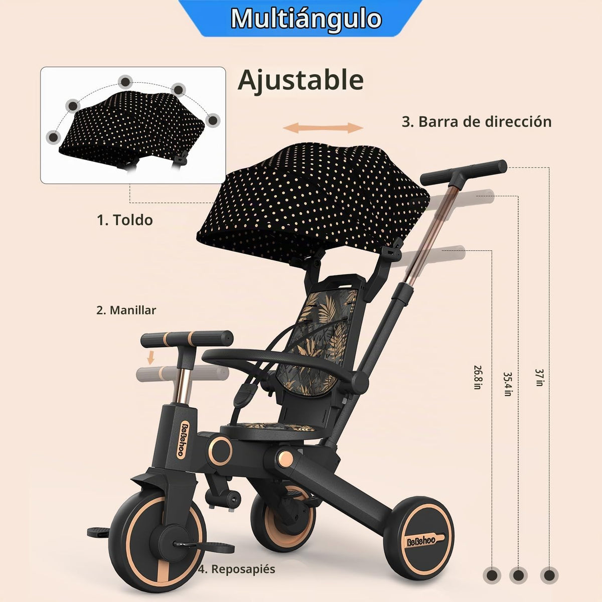 Bebehoo Cochecito de triciclo para niños pequeños, triciclo plegabl...