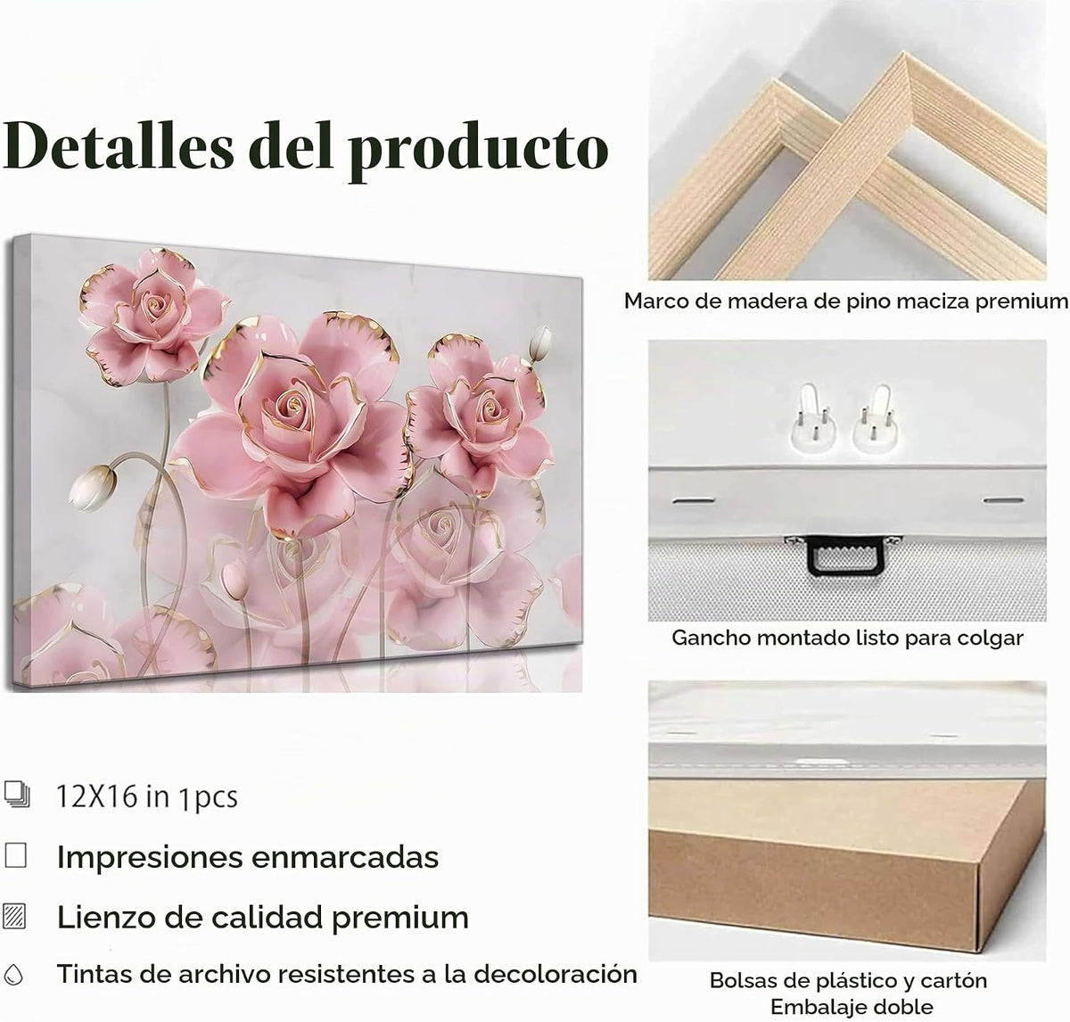 Lienzo moderno y delicado de rosas doradas rosadas, arte de pared c...