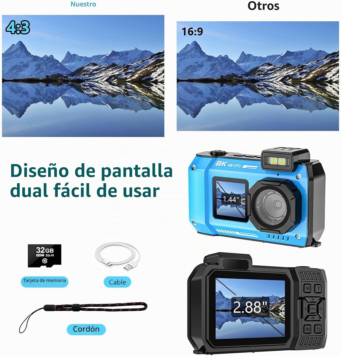 Cámara subacuática 8K, cámara digital impermeable WiFi de 70MP 33FT...