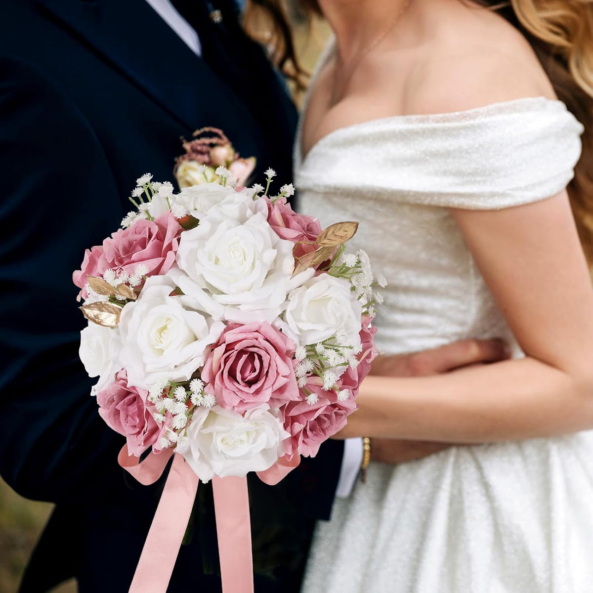 Qeedy Ramos de Boda para Novia - Flores de Seda Realistas Rosas Art...