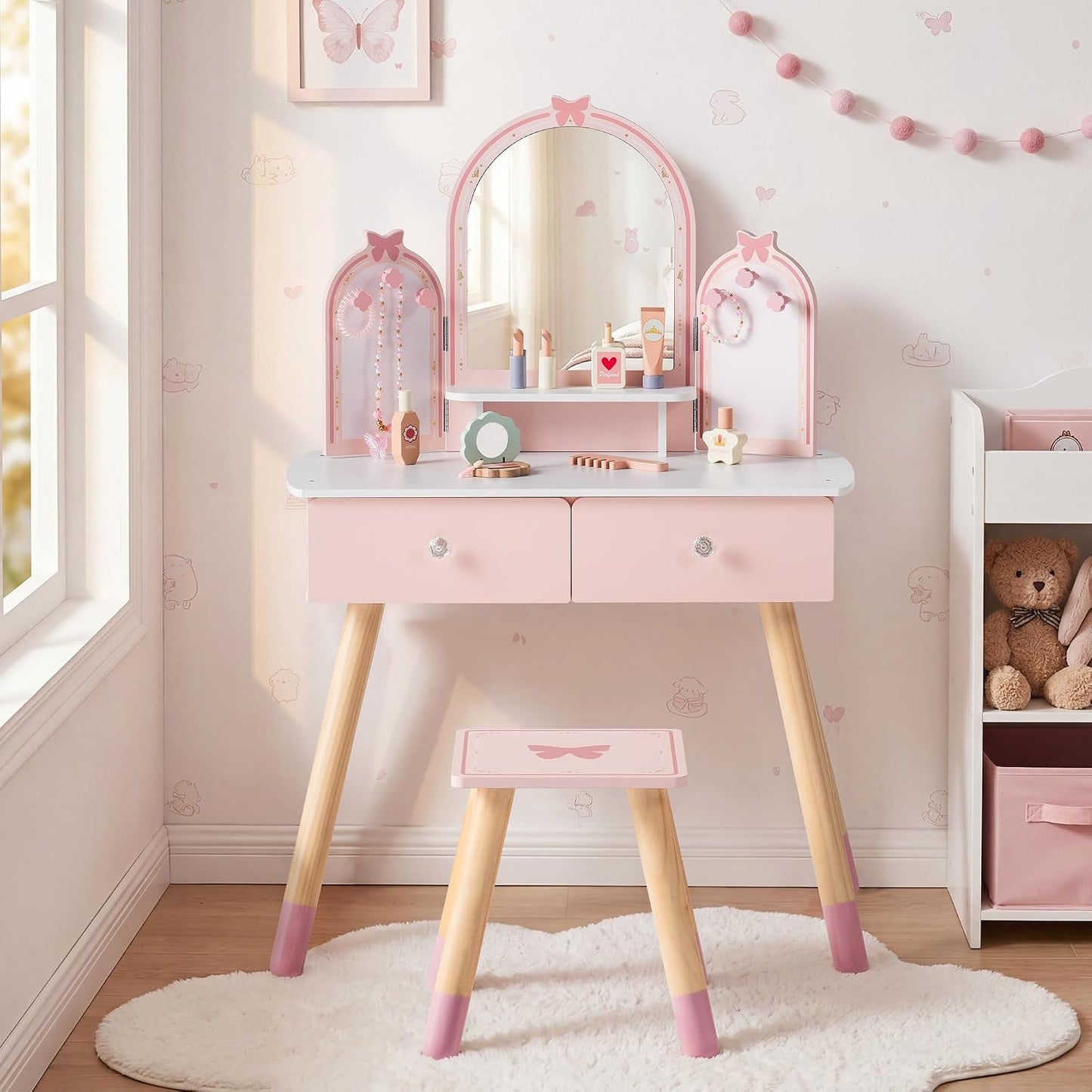 ROBUD Juego de mesa y silla para niños, juego de tocador para niñas...