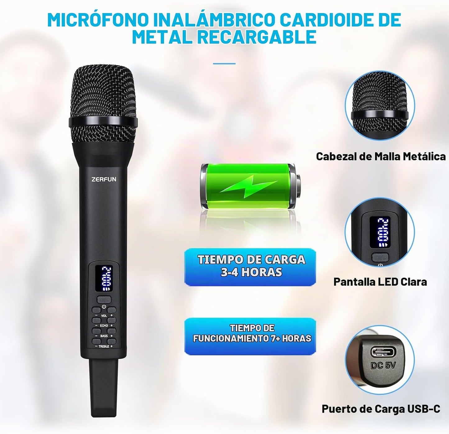 ZERFUN Micrófono inalámbrico recargable, sistema de micrófono inalá...