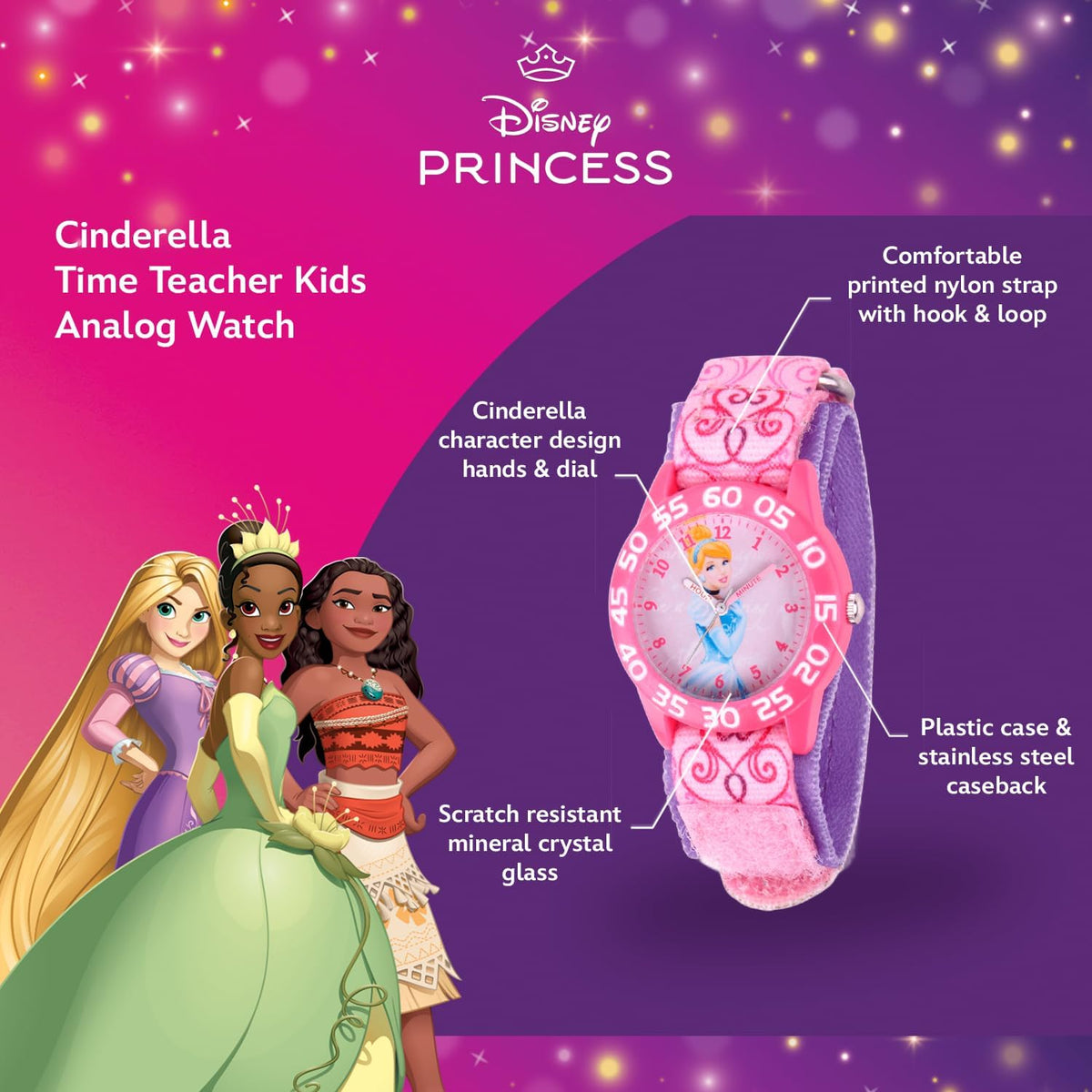 Disney Princess - Reloj analógico de cuarzo con correa de nailon pa...