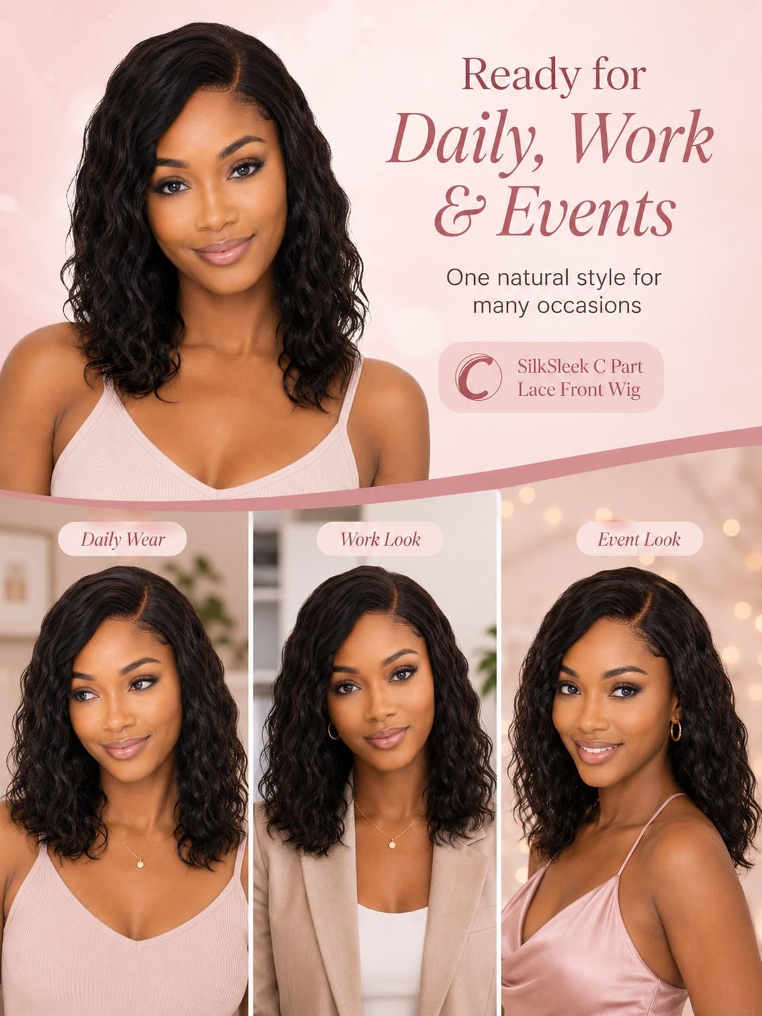 SilkSleek Peluca frontal de encaje con parte C, cabello humano ondu...