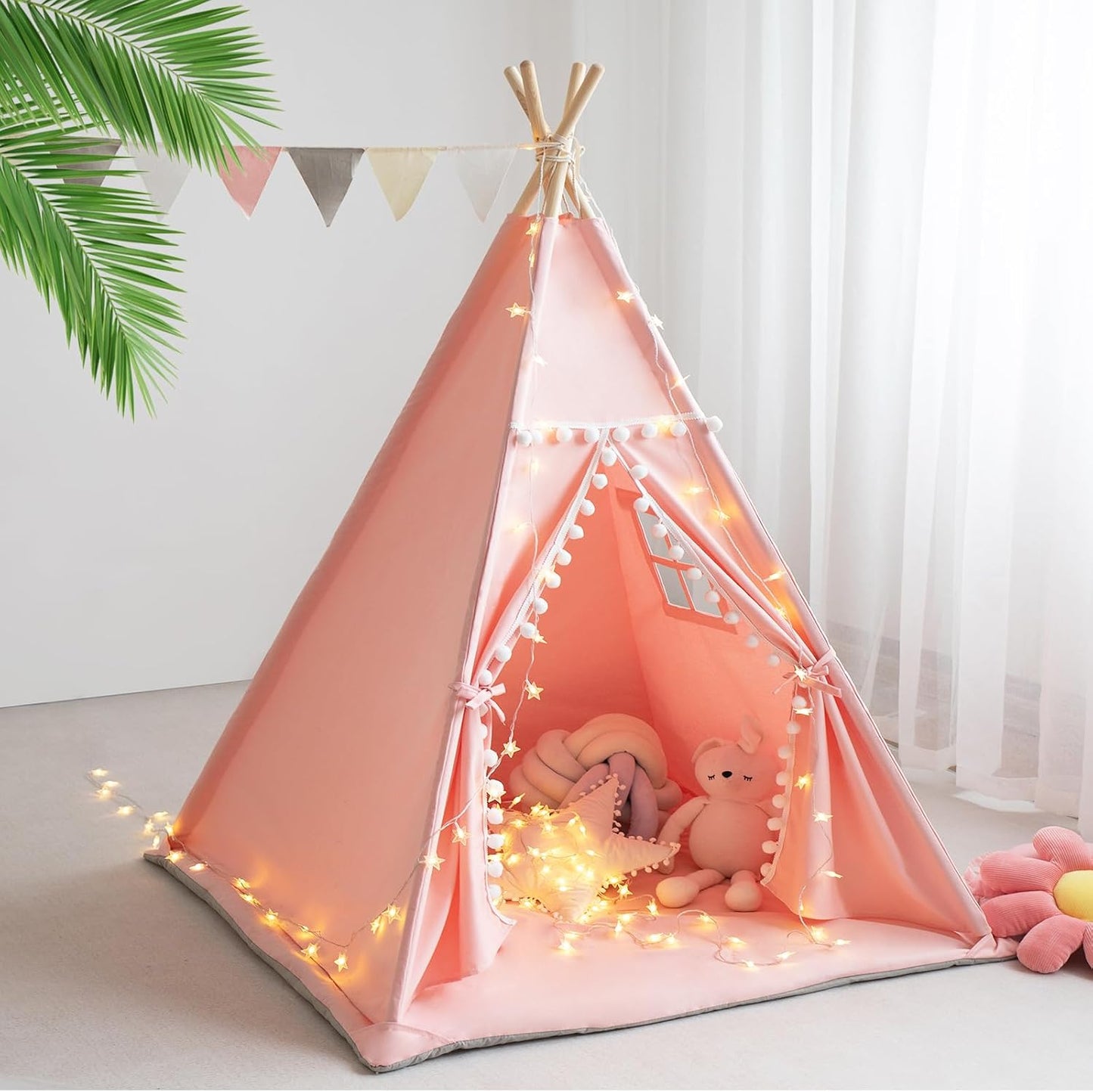 RONGFA Tienda de campaña tipi para niños con alfombra, luces de est...