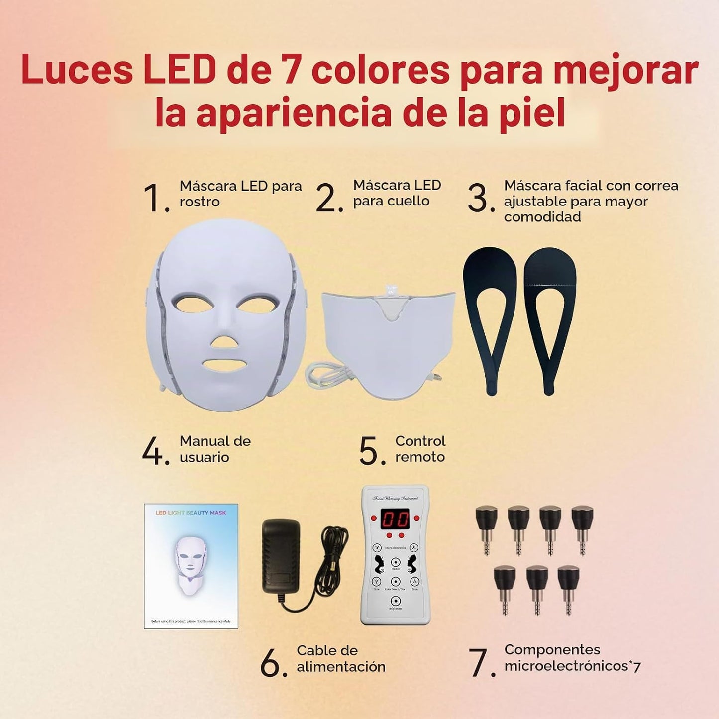 BeaRay Terapia de luz con máscara facial LED, 7 colores para vitali...