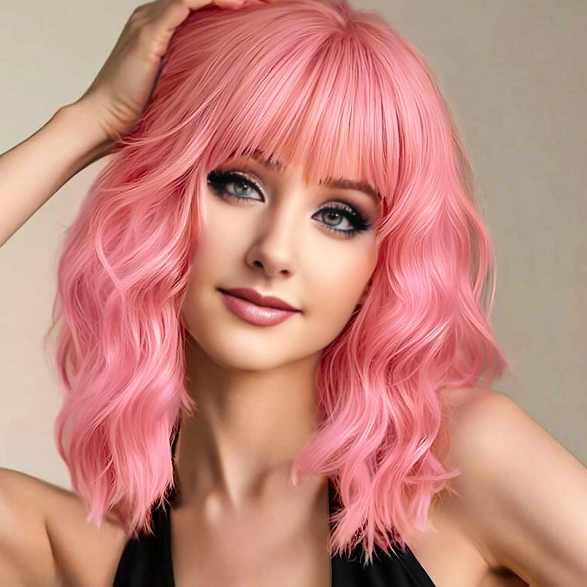 AGO Pelucas de cabello corto ondulado color rosa, peluca estilo Bob...