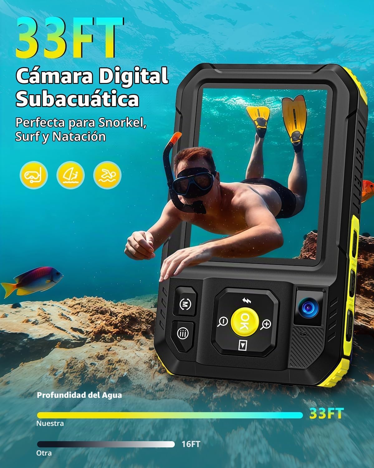 Cámara subacuática 5K 33FT Cámara digital impermeable con enfoque a...