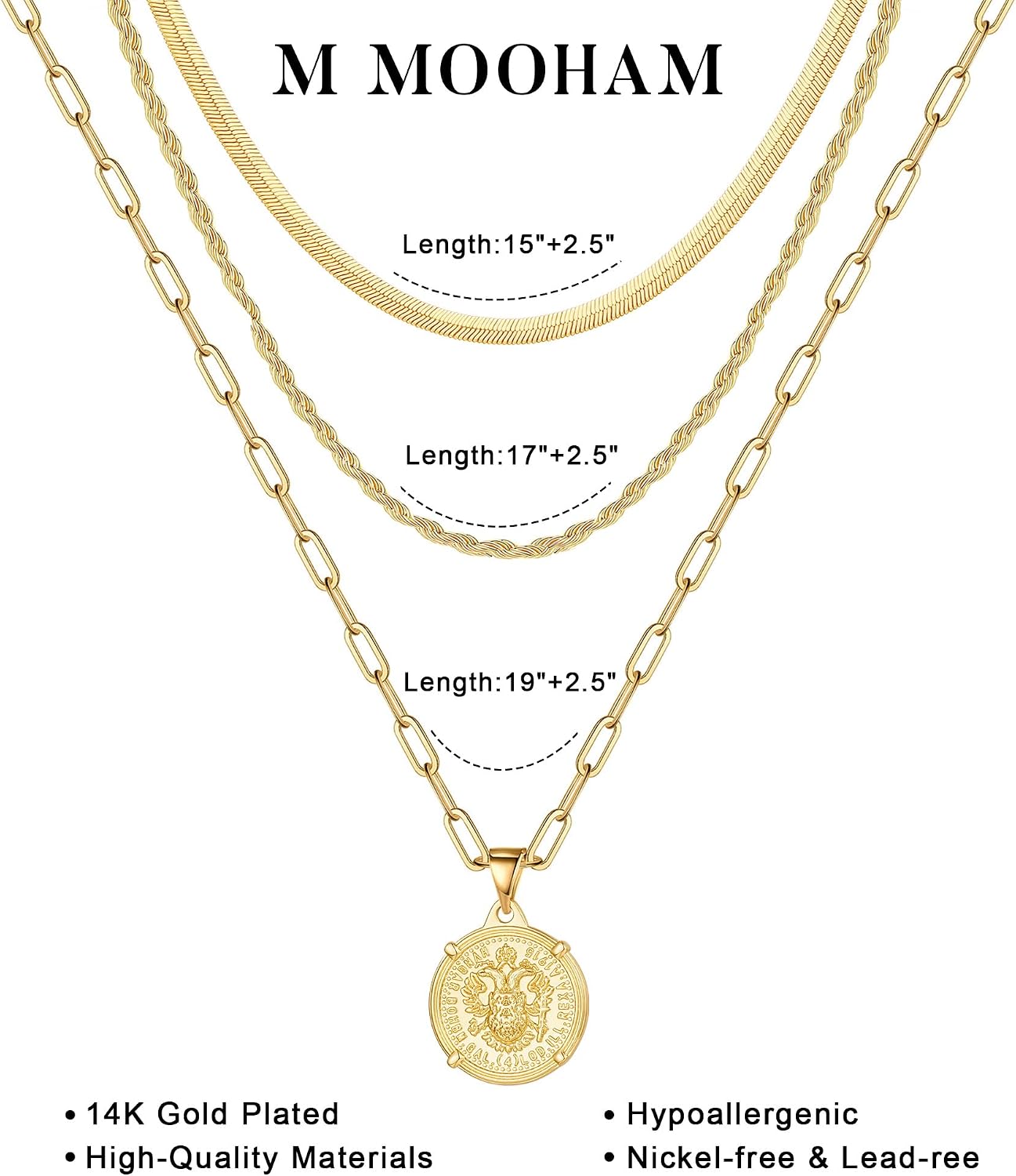 M MOOHAM Collares de oro en capas para mujer, chapado en oro de 14...