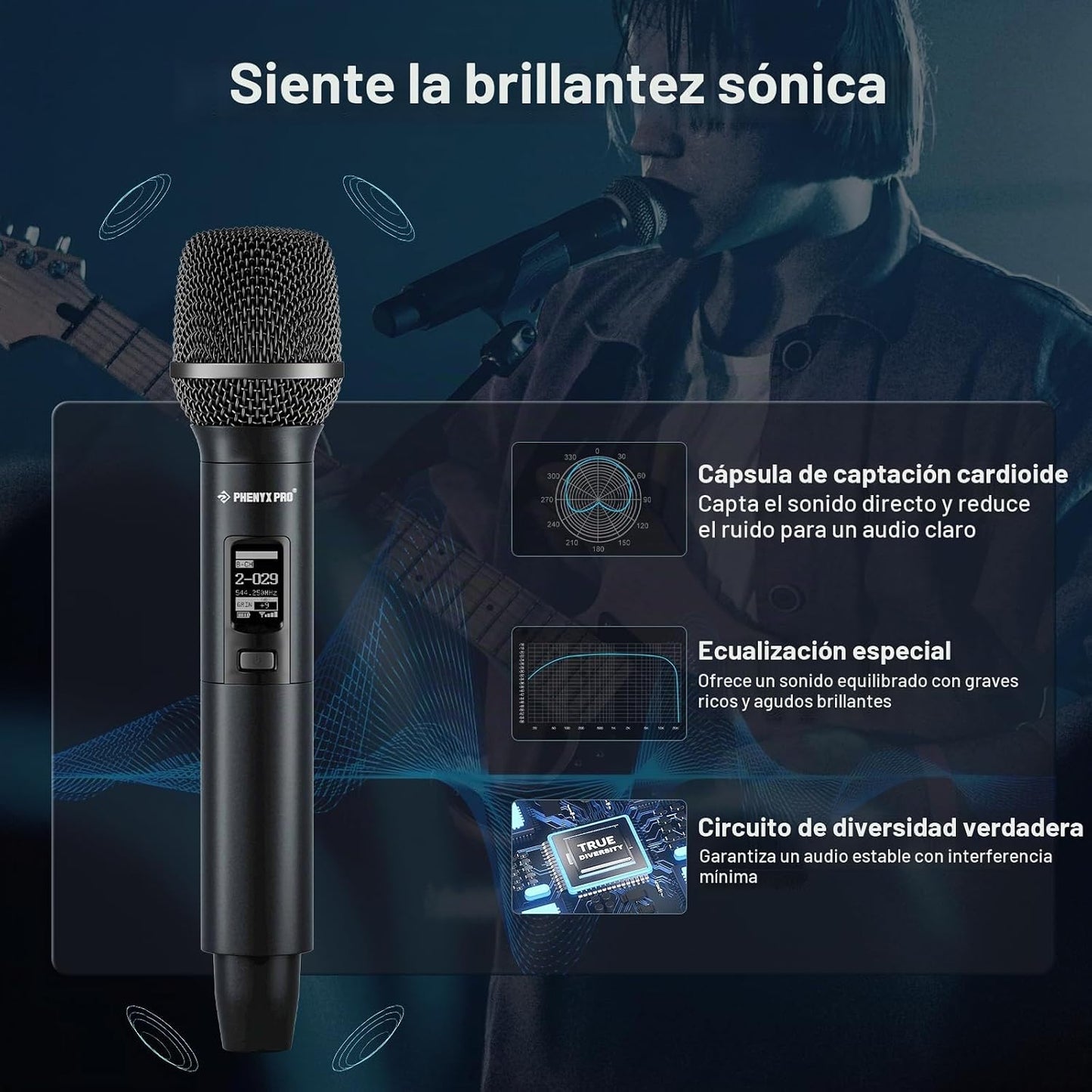 Phenyx Pro Sistema de Micrófono Inalámbrico de Doble Canal, Micrófo...
