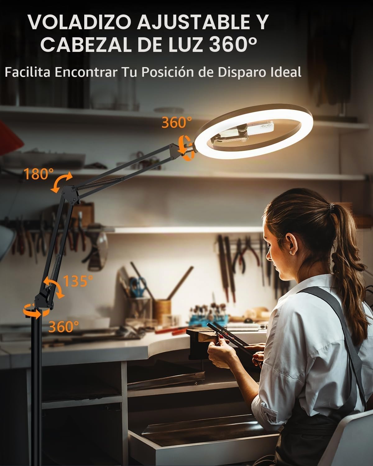 Soporte de teléfono aéreo de 12 pulgadas con luz de anillo, luz cir...