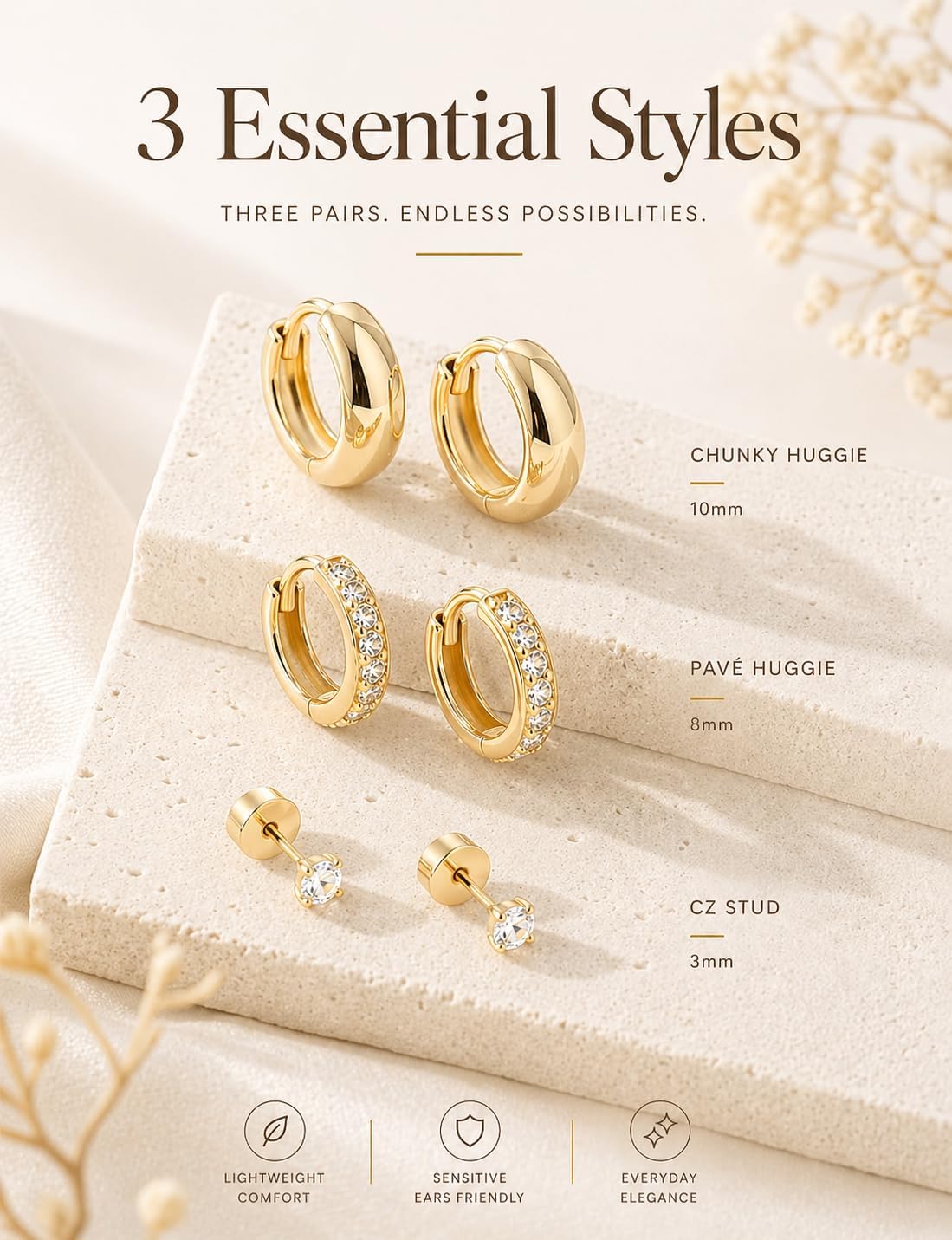 Styleeary Aretes de oro para mujer, pequeños y gruesos, chapados en...