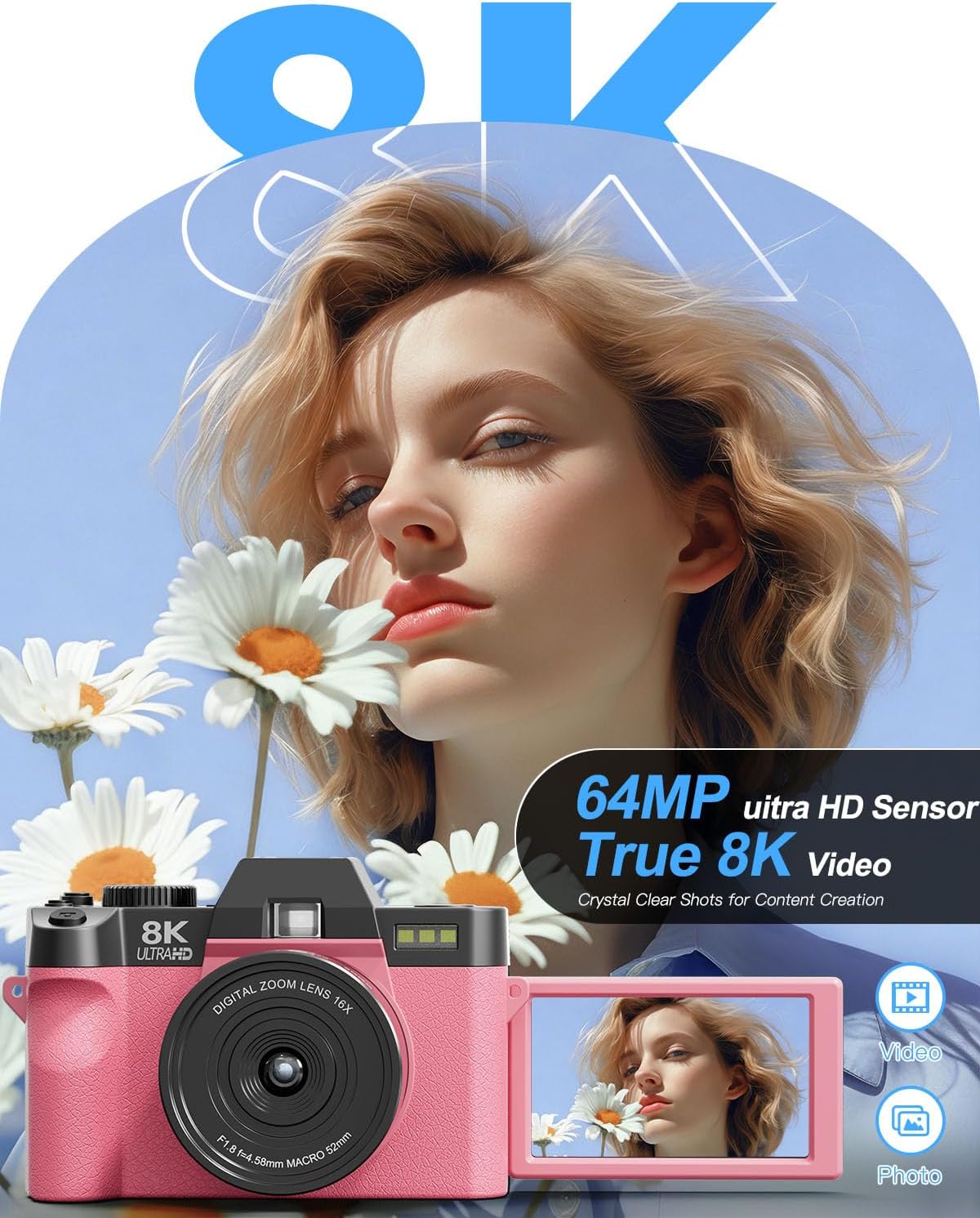 Cámaras digitales de 8K 64MP para fotografía, zoom 16X, 3 filtros d...