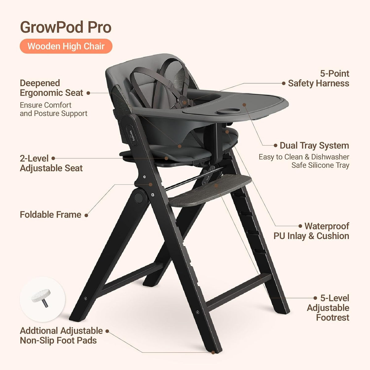 Mamazing GrowPod Pro - Silla alta de madera para bebés de 6 meses a...