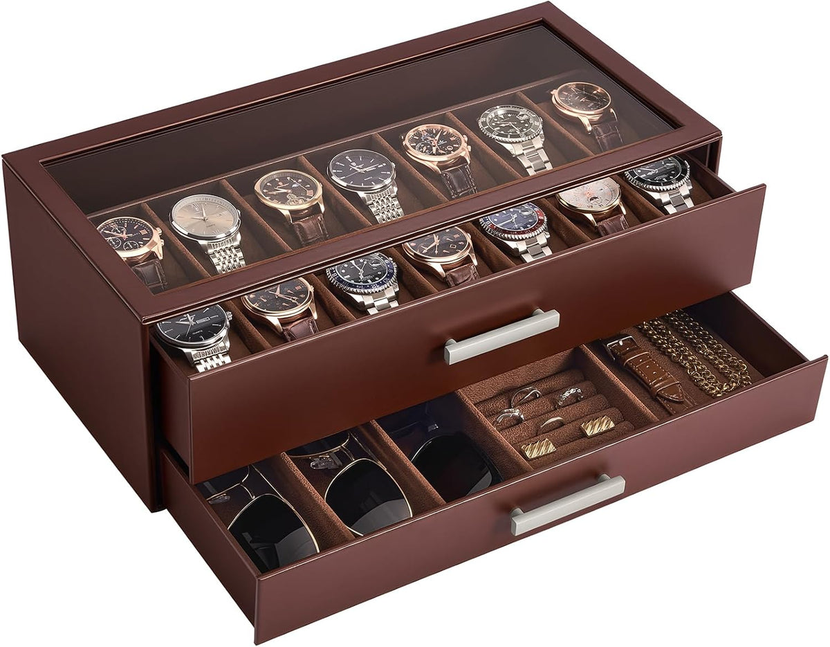 ProCase Caja de reloj de 14 ranuras, vitrina de 2 niveles con cajon...