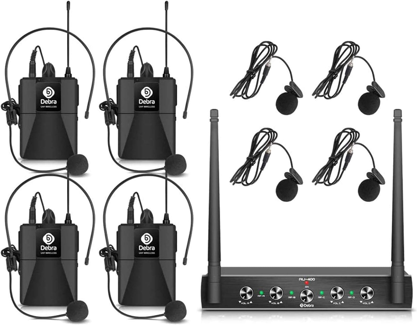 Debra Audio Pro UHF Sistema de micrófono inalámbrico de 4 canales c...