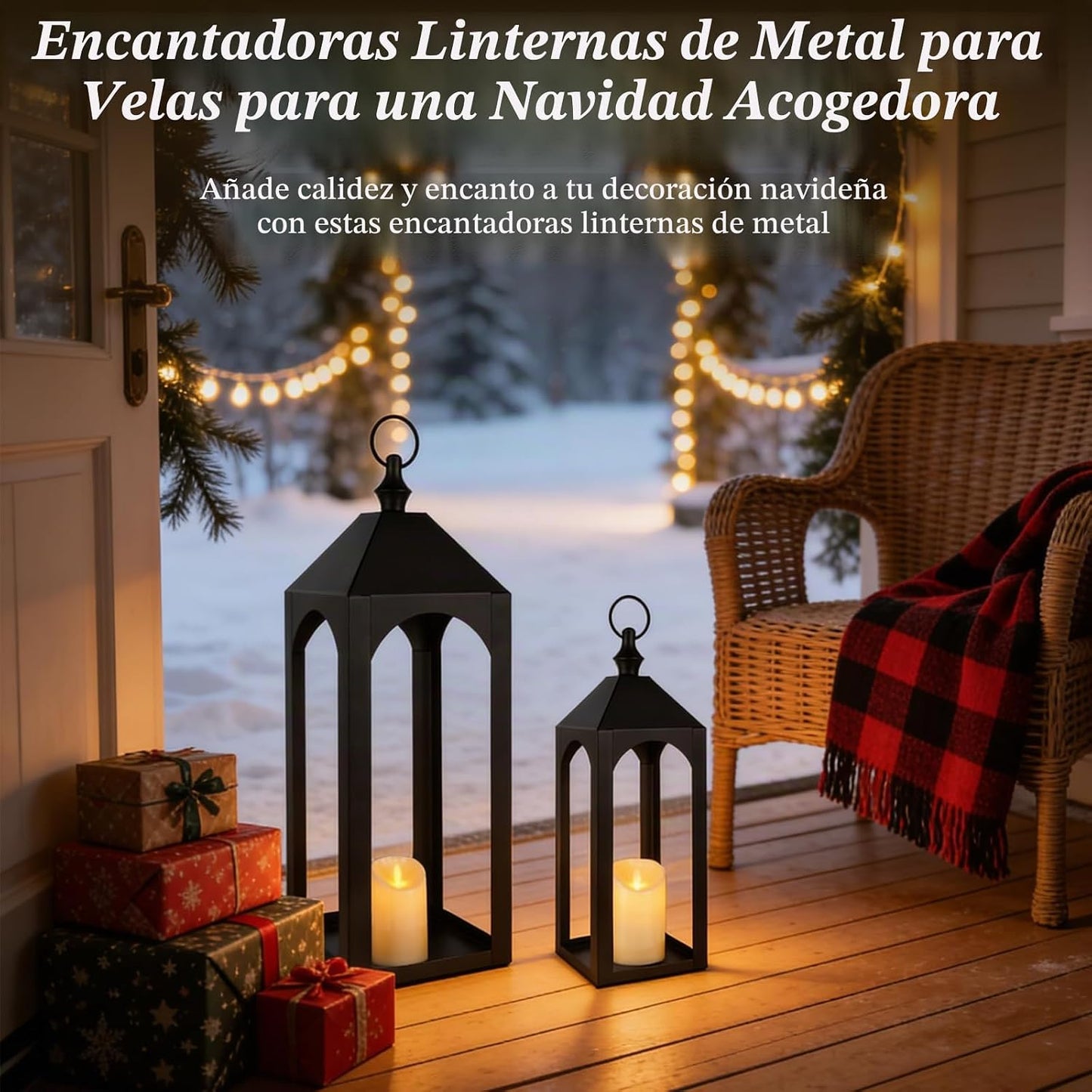 Faroles grandes de metal negro de 23 pulgadas y 17 pulgadas, decora...
