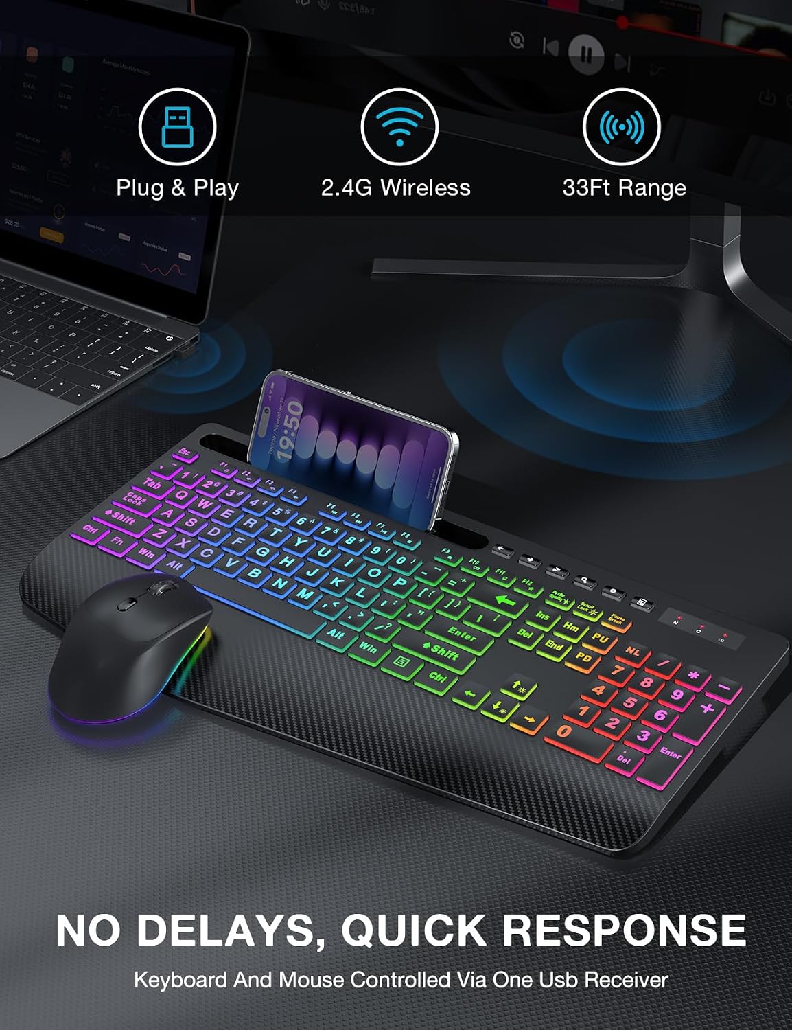 SABLUTE Combo de teclado y mouse inalámbricos, 9 efectos retroilumi...