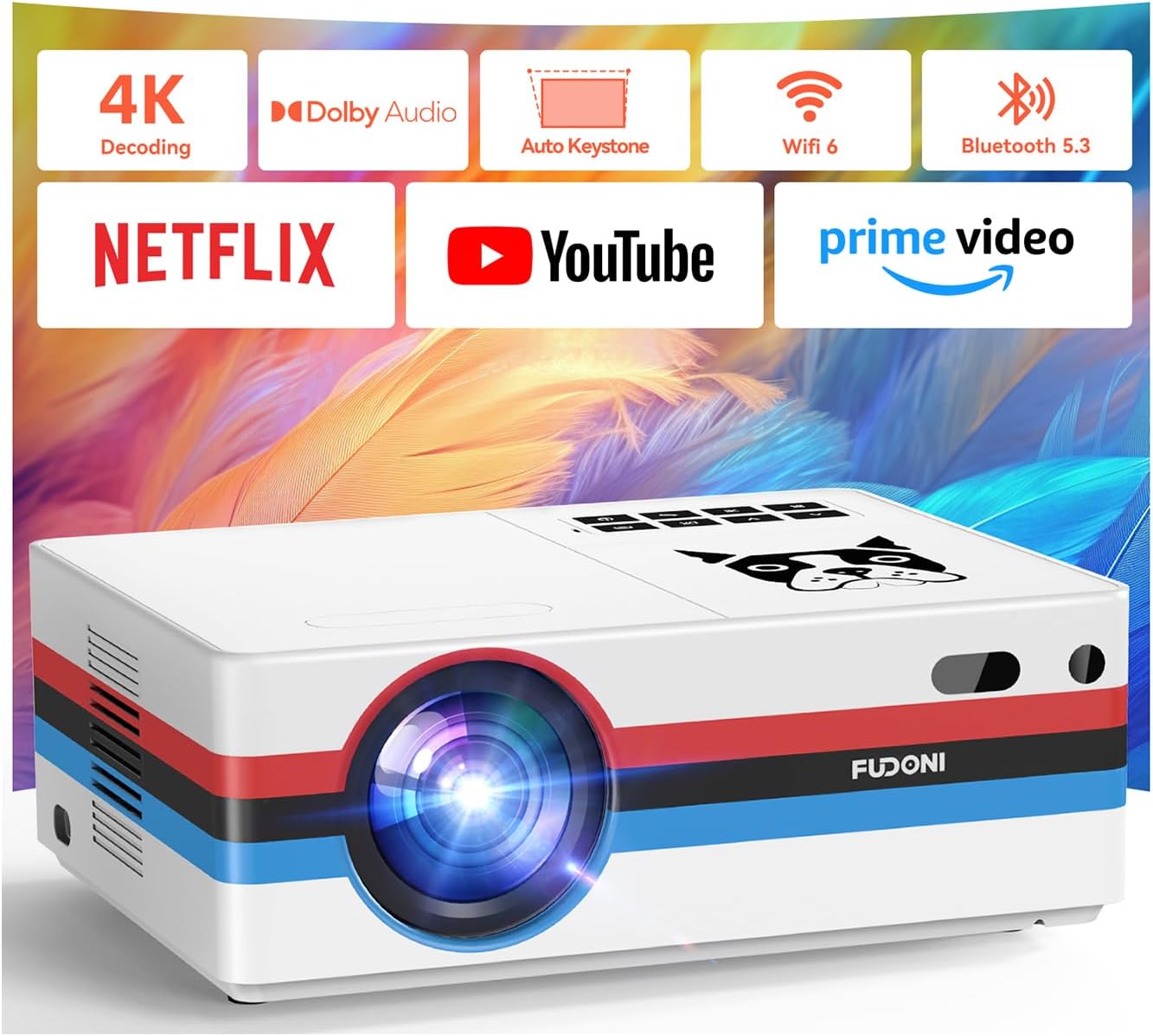 FUDONI Proyector inteligente, compatible con Netflix, soporte 4K, W...