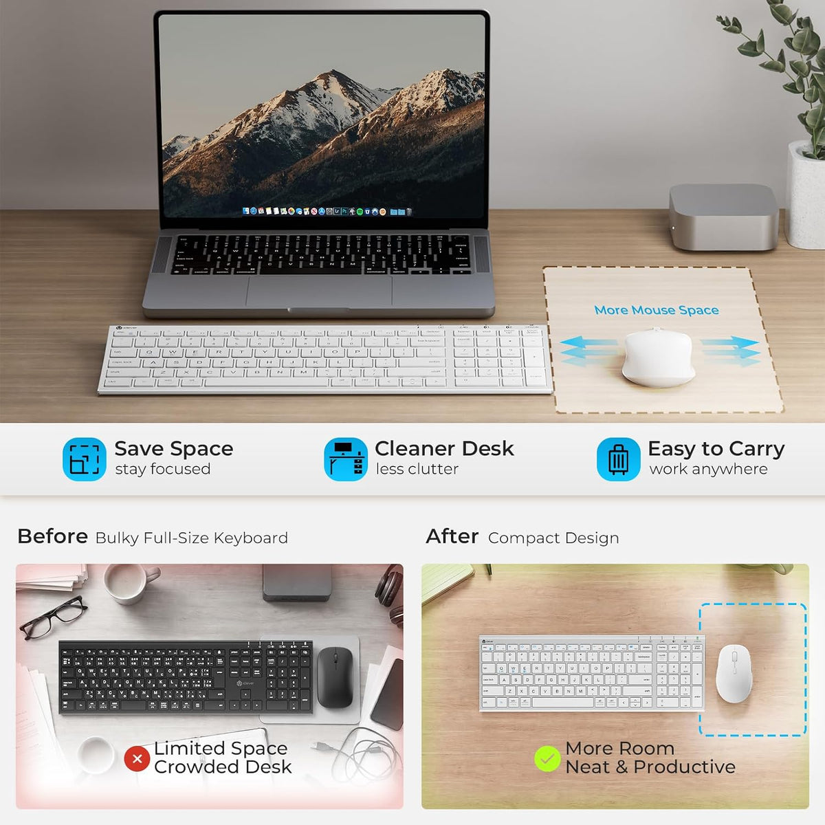 iClever Combo de teclado y mouse inalámbricos Bluetooth DK05, blanc...