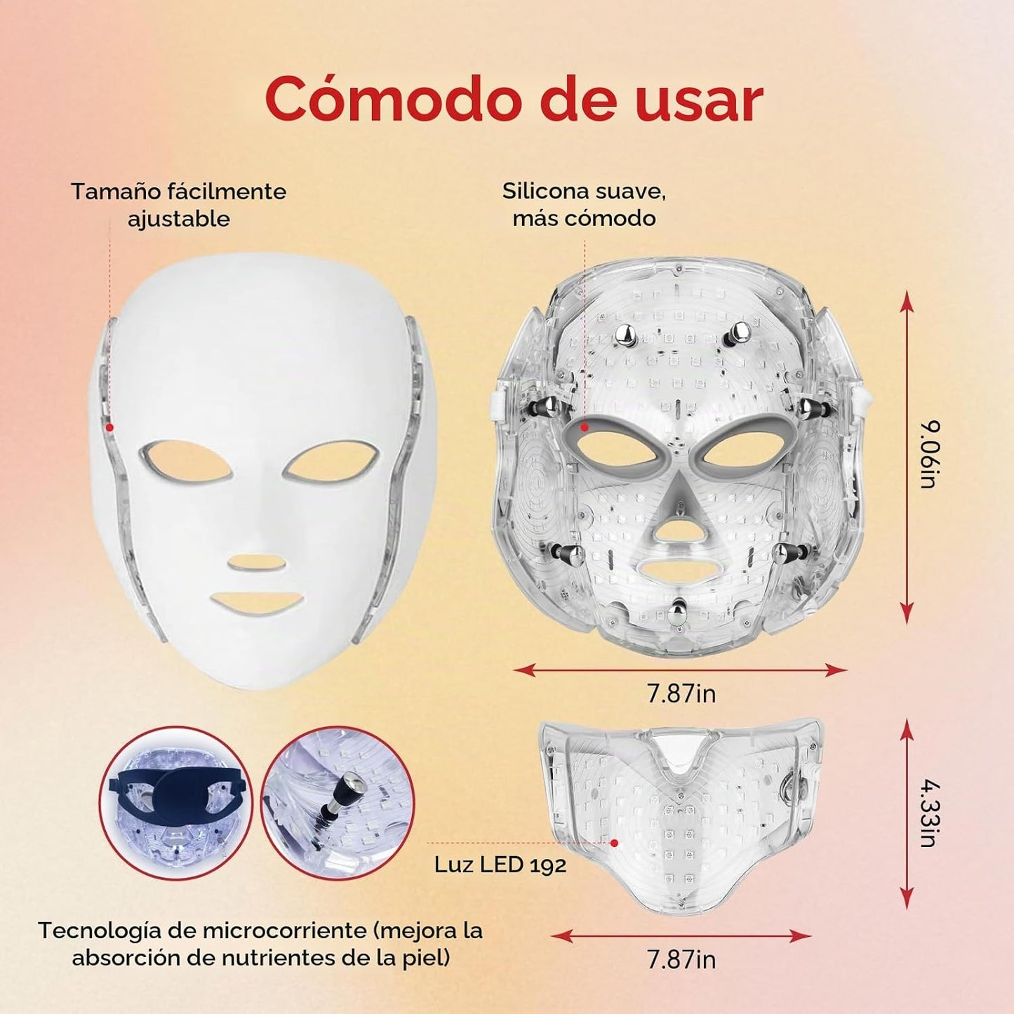 BeaRay Terapia de luz con máscara facial LED, 7 colores para vitali...