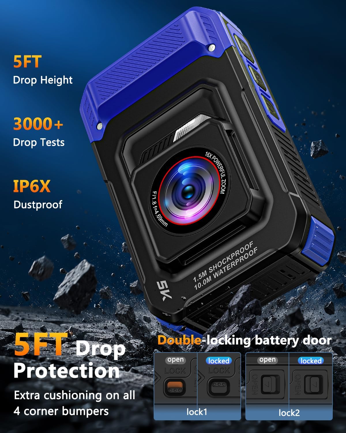 Cámara digital subacuática 5K de 33 pies de 96 MP impermeable, con...
