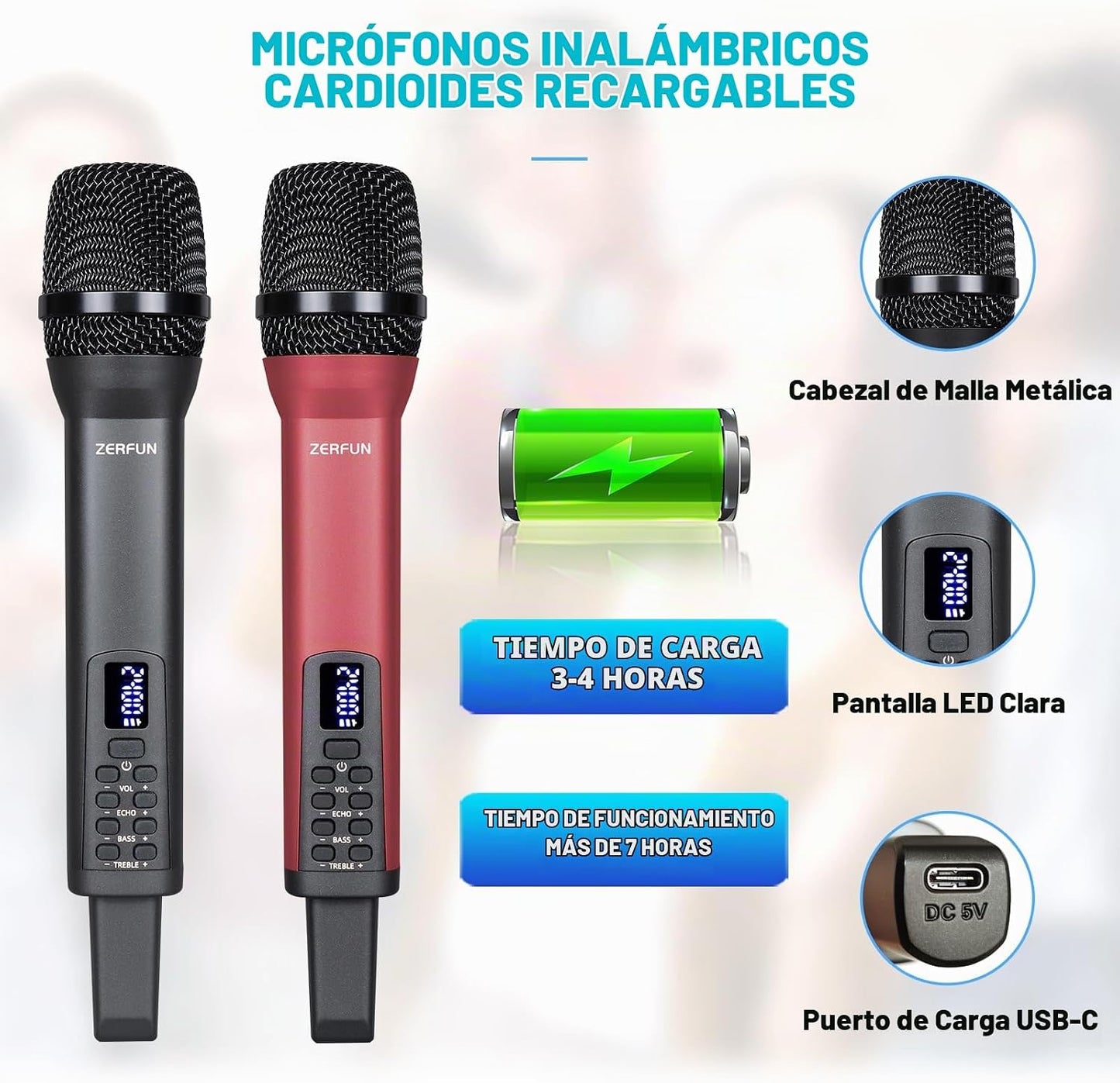 ZERFUN - Micrófonos inalámbricos recargables 4, sistema de micrófon...