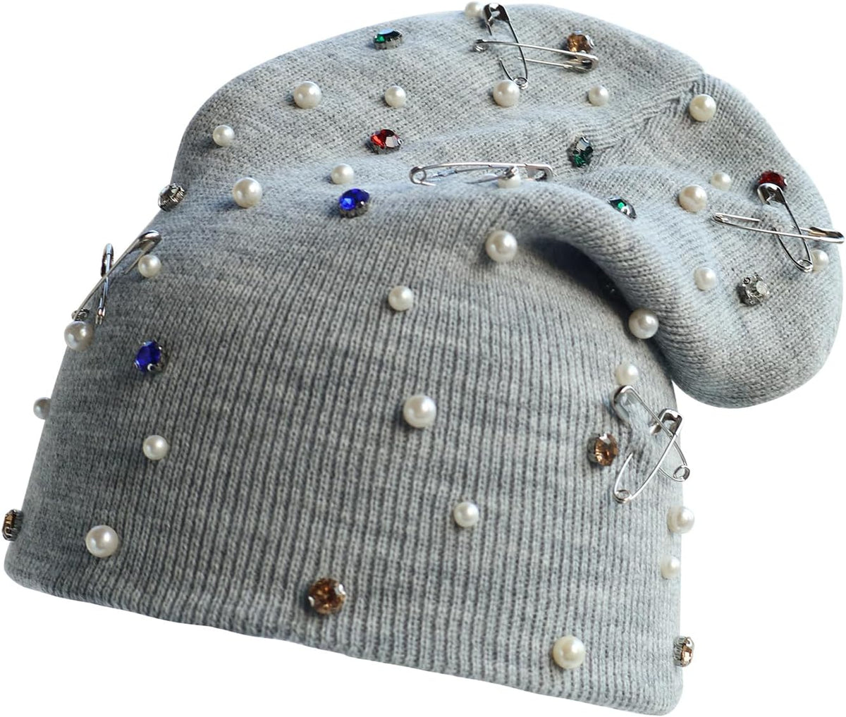HENWASAI Gorro de punto unisex con diamantes de imitación y perlas,...