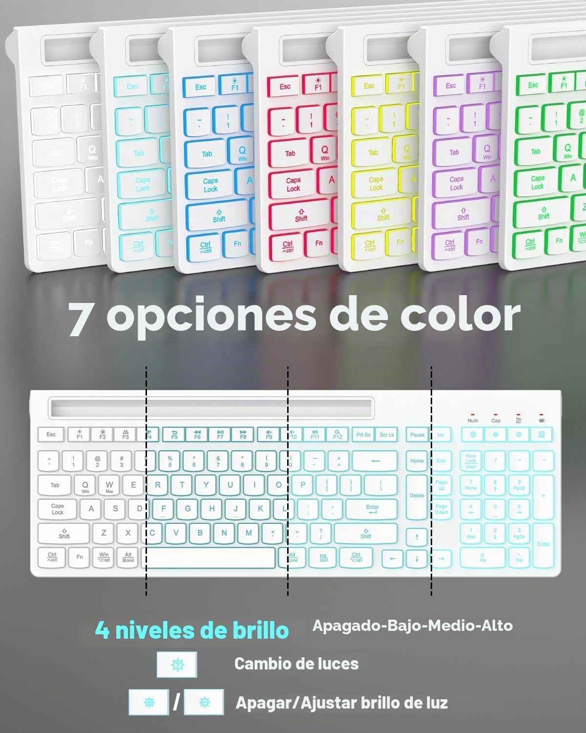 Combo de teclado y mouse inalámbricos, 7 efectos retroiluminados, l...