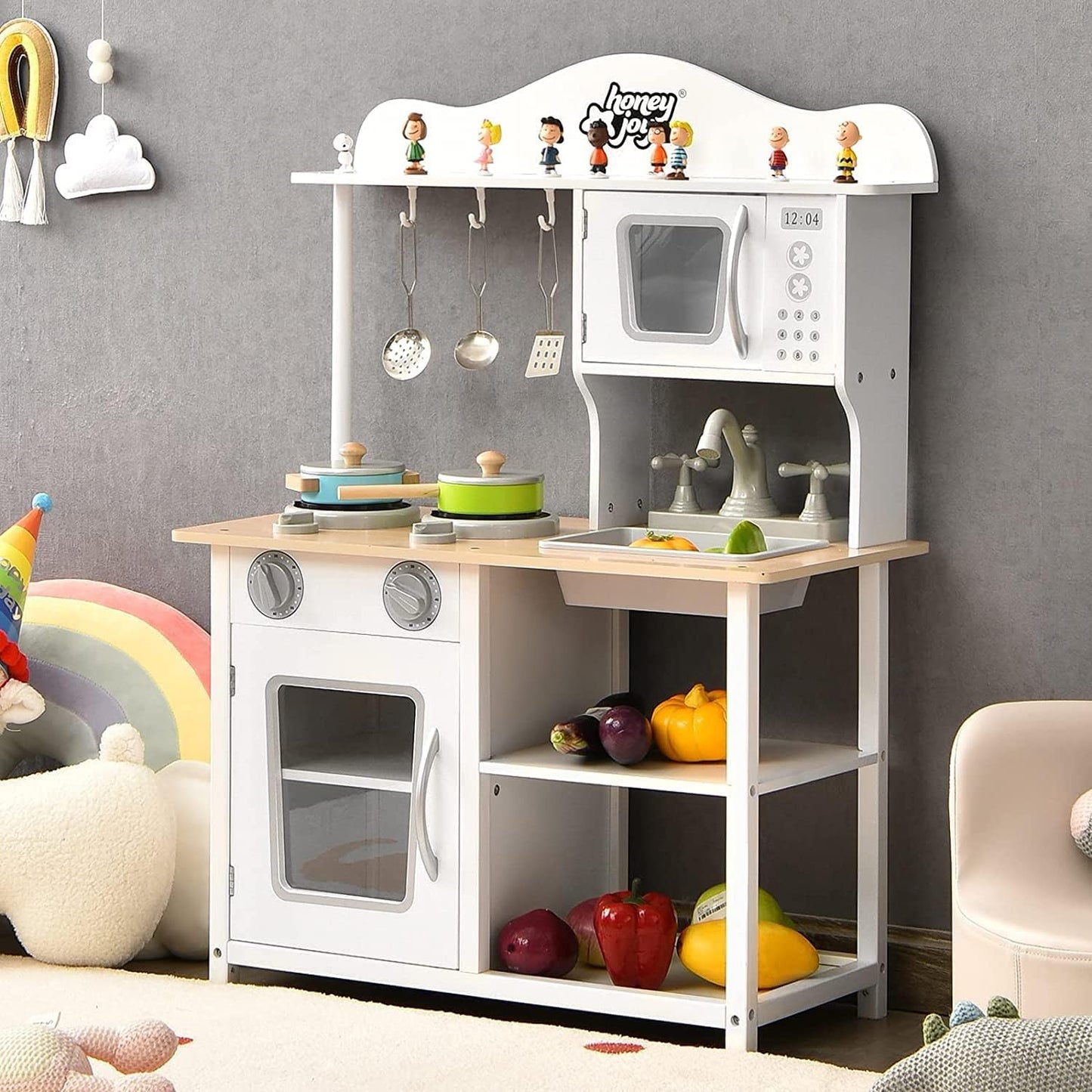 HONEY JOY Juego de cocina de madera para niños con microondas, freg...