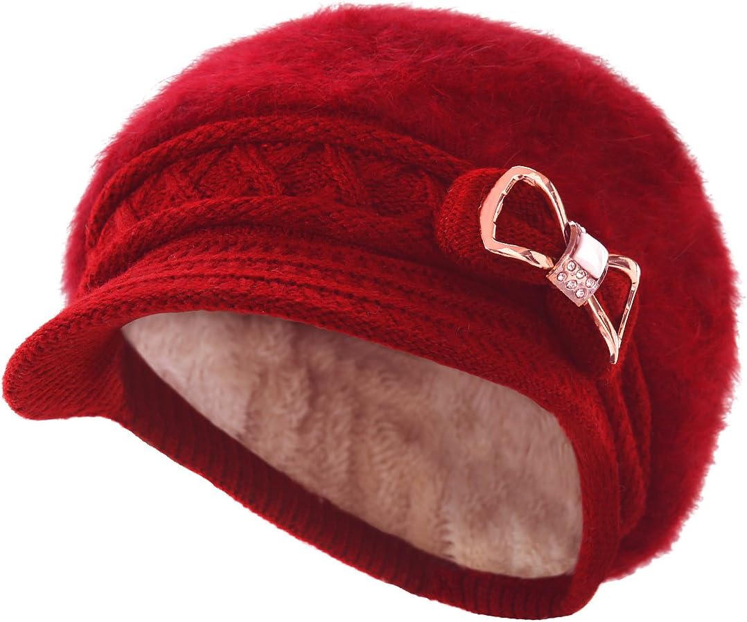 Surblue Sombrero de punto para mujer, boina, gorra de ala ancha con...