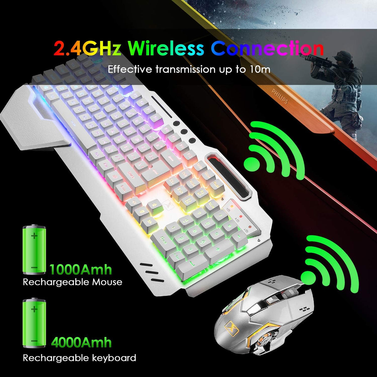 Teclado y ratón inalámbricos para juegos, teclado recargable con re...