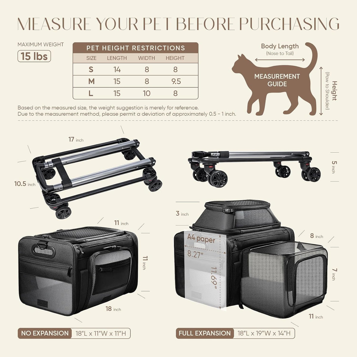 Transportador para gatos expandible con ruedas, 18 x 11 x 11 pulgad...