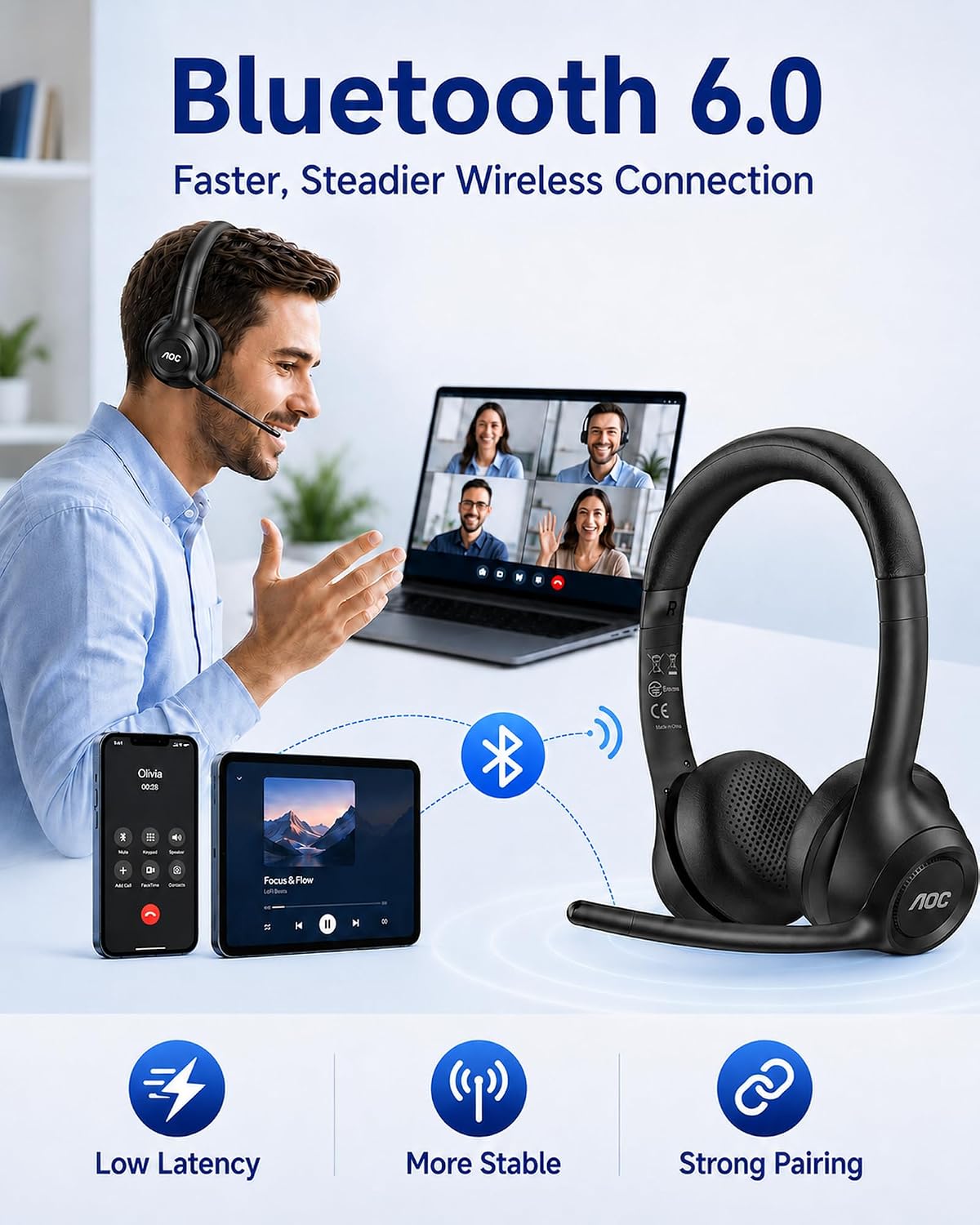 AOC Auriculares inalámbricos con micrófono para el trabajo, cancela...