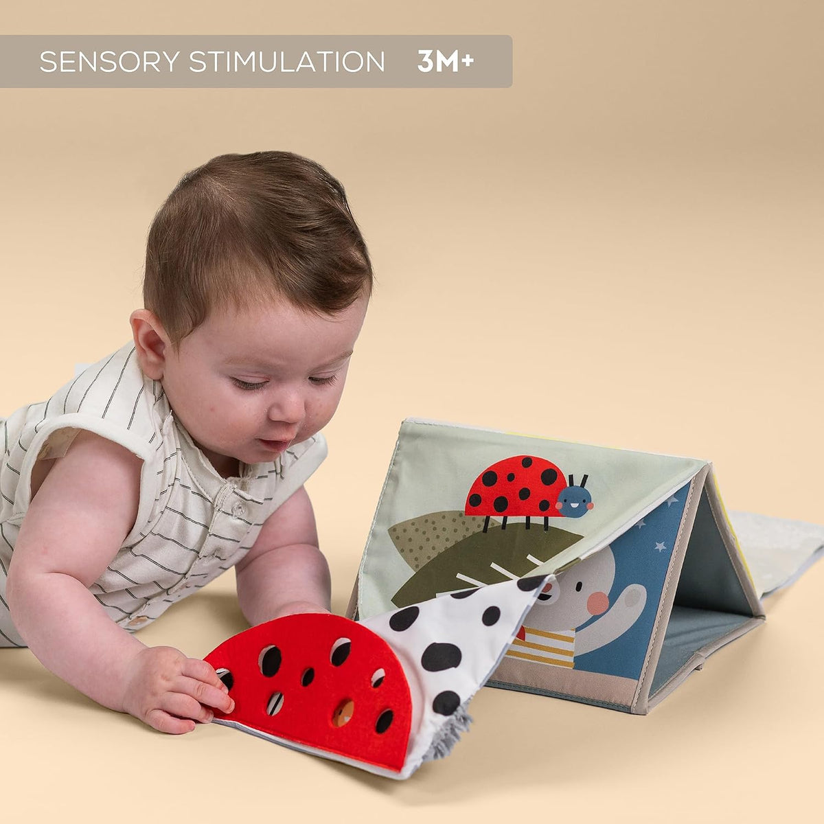 Taf Toys Libro sensorial para el tiempo boca abajo con páginas arru...