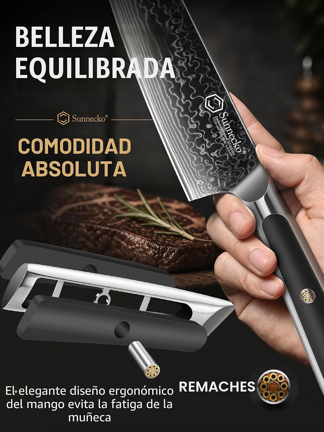 Sunnecko - Cuchillo de chef japonés de Damasco de 8 pulgadas, acero...