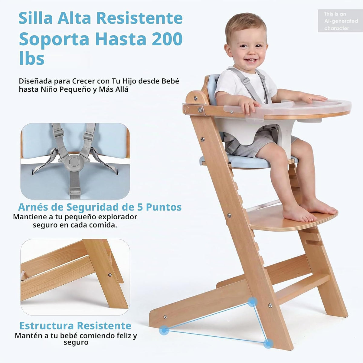 Trona de madera para bebé Cowiewie, silla de crecimiento convertibl...