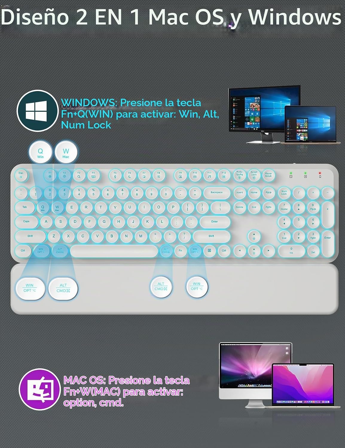 Teclado inalámbrico y mouse retroiluminados, teclado de máquina de...