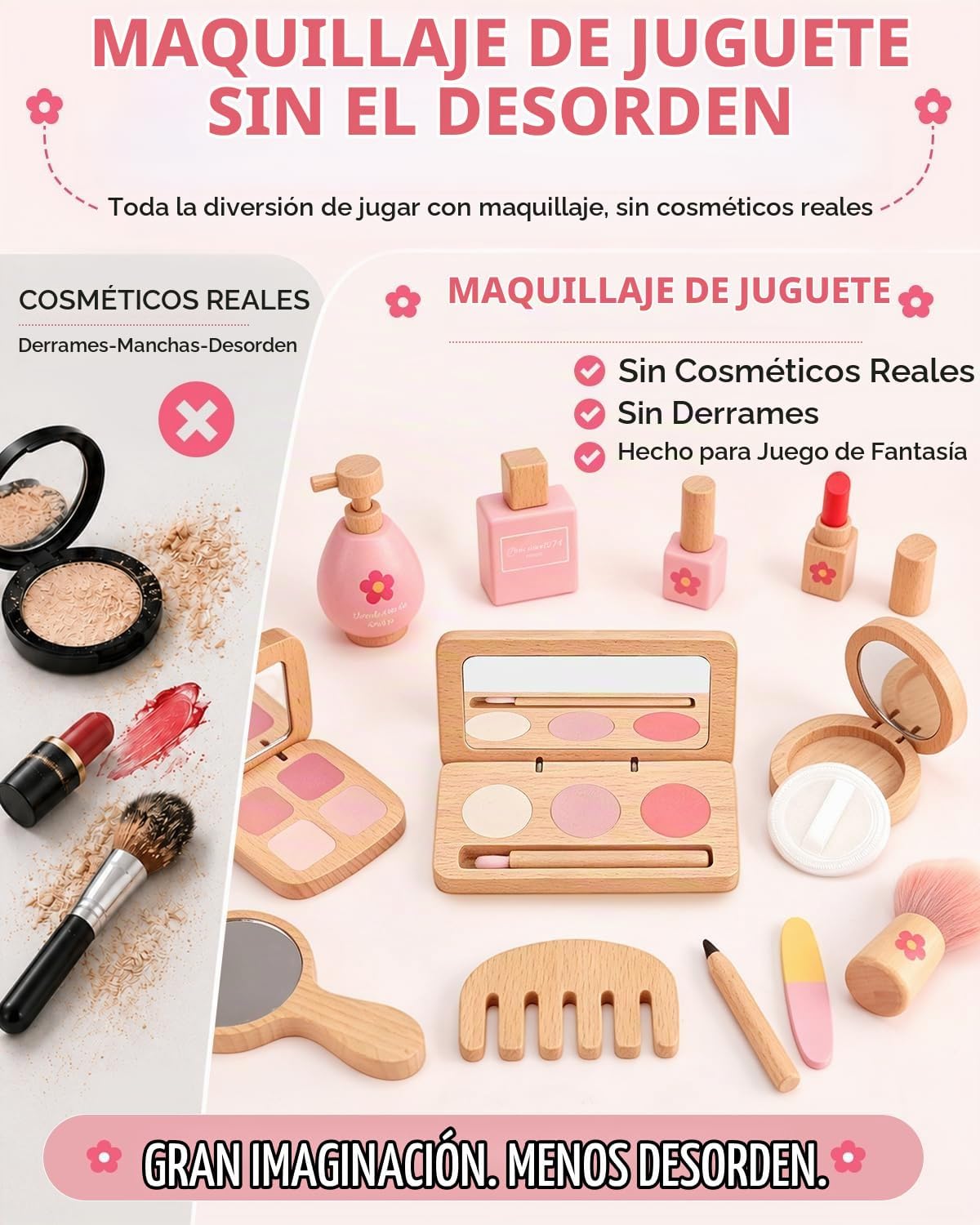Kit de maquillaje de madera para niñas de 3 a 5 años, juego de maqu...