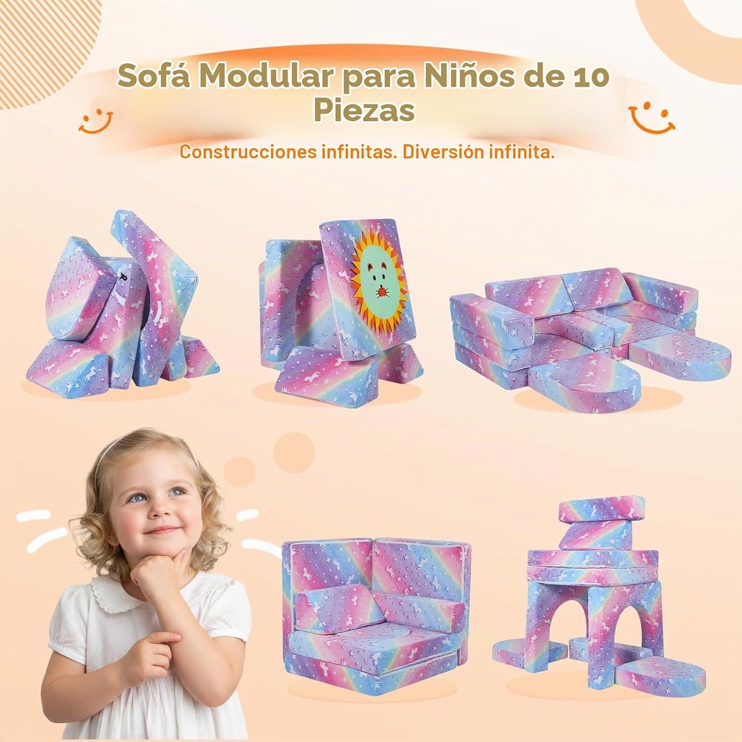 MeMoreCool Sofá de Juego Modular de 10 Piezas Arcoíris que Brilla e...