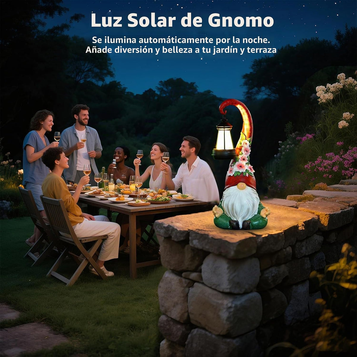 Roundot Estatuas de gnomos de jardín con luces solares, farol para...