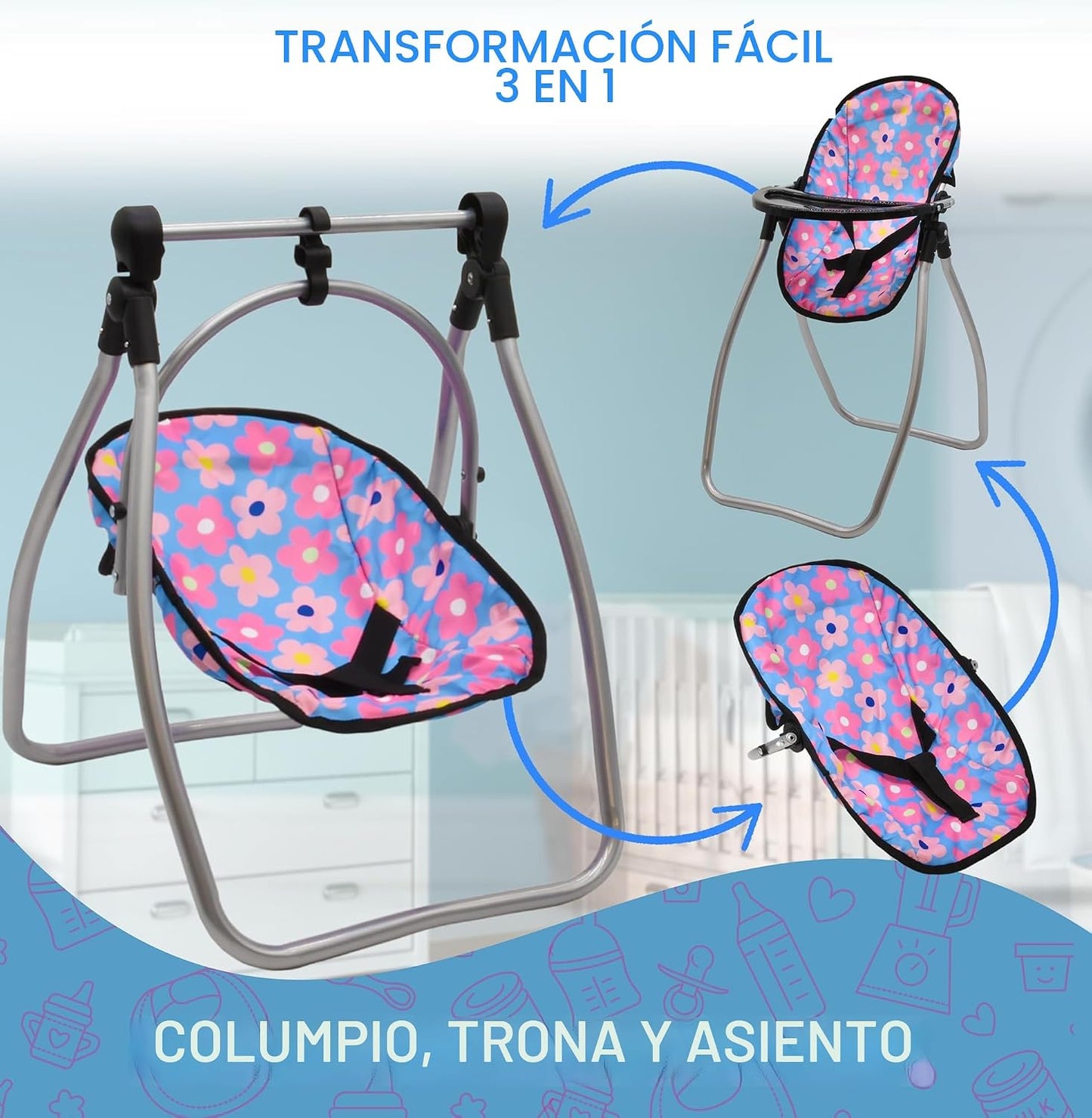 Juego de cochecito para muñeca bebé y columpio, juego de guardería,...