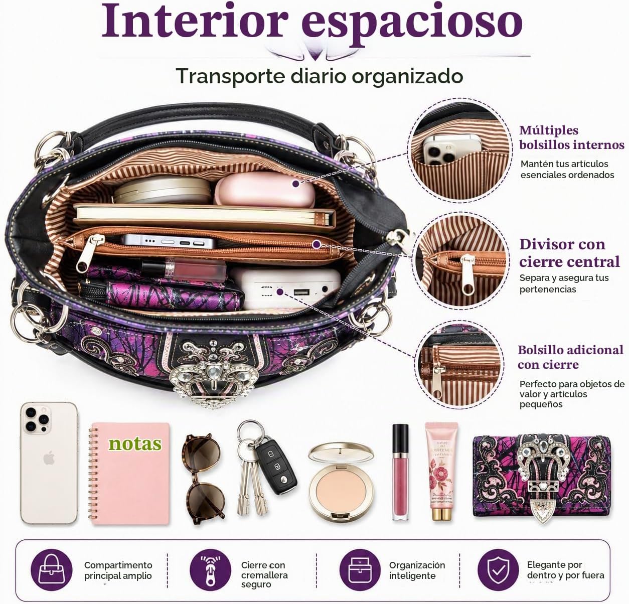 Bolso estilo occidental con hebilla de corona camuflaje, brillo flo...