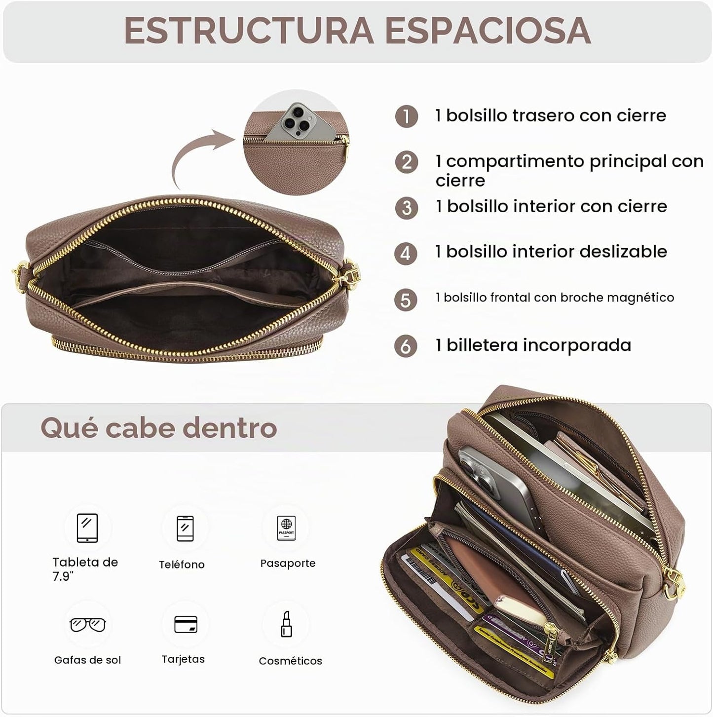 Kattee Bolso cruzado de cuero para mujer, pequeño, antirrobo, con c...