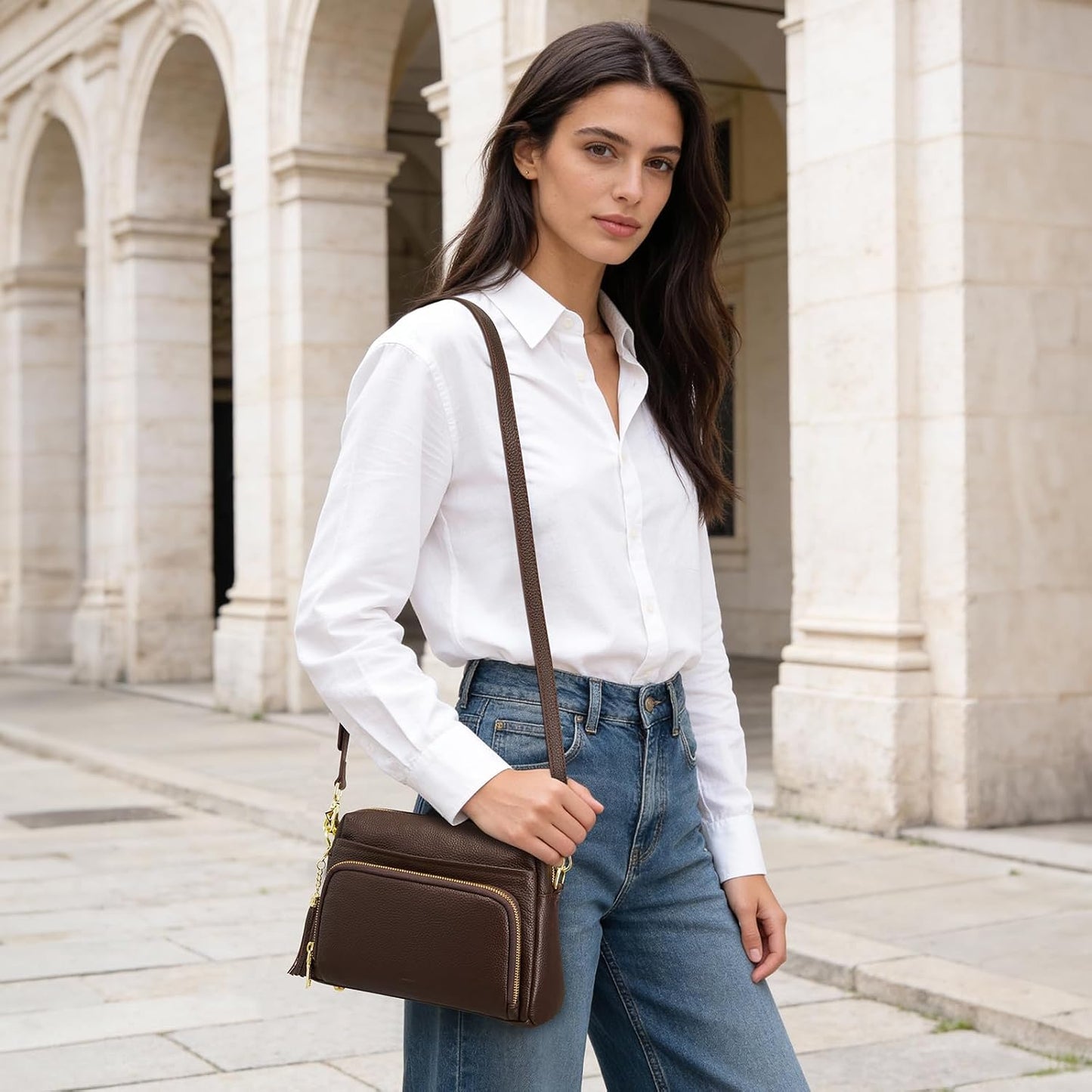 Kattee Bolso cruzado de cuero para mujer, pequeño, antirrobo, con c...