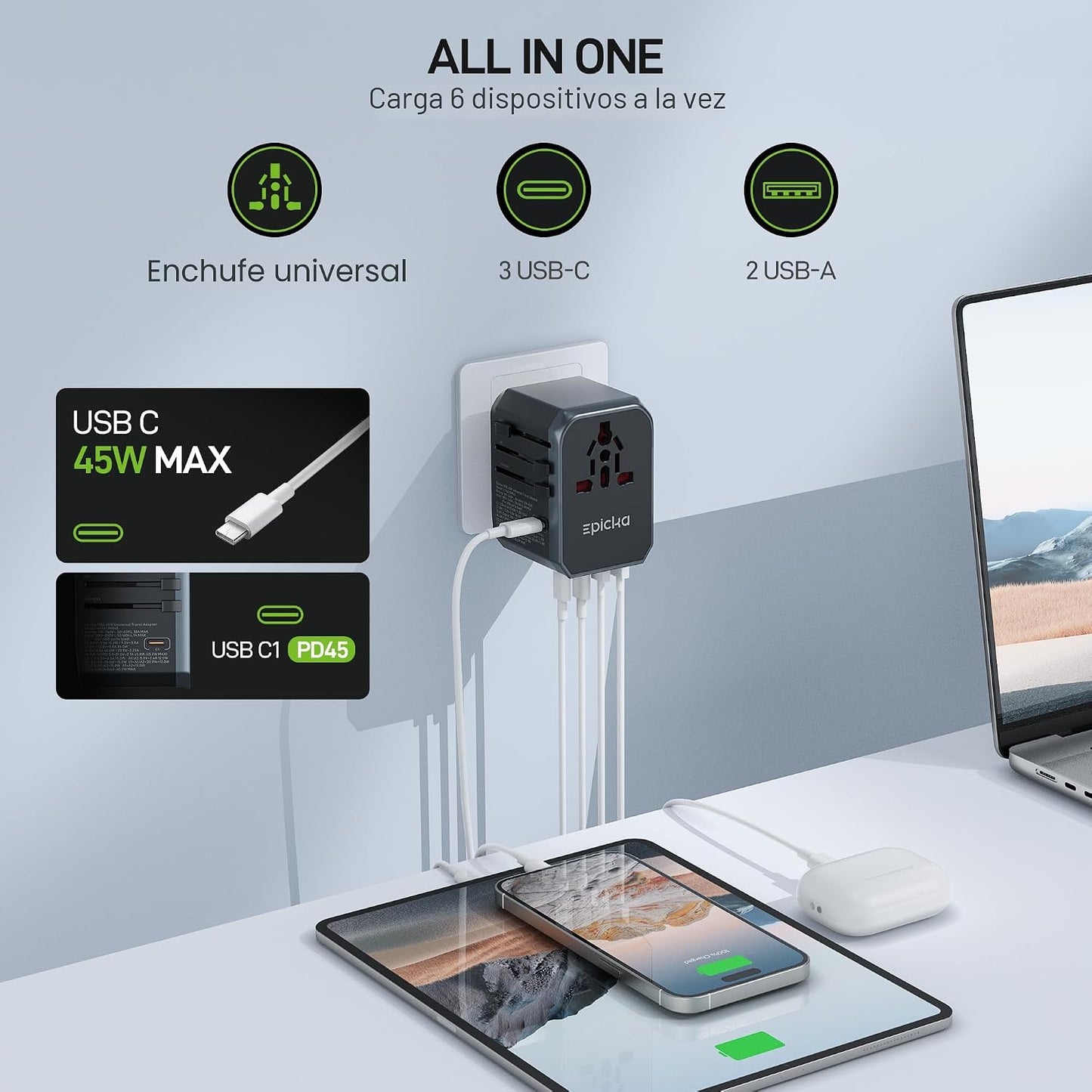 EPICKA 45W Adaptador de viaje universal PD&amp;QC, 1AC\/3USB-C\/2US...